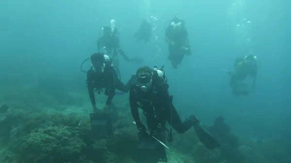 Five scuba divers swim just above an ocean floor carrying various scientific instruments