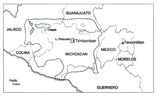 Map of Mexico with states including Jalisco, Guanajuato, Colima, Michoacán, Morelos, and Guerrero. Dotted line outlining P'urhépecha homeland corssing over the states of mondern-day Michoacán, Jalisco, Guanajuato, and Colima.