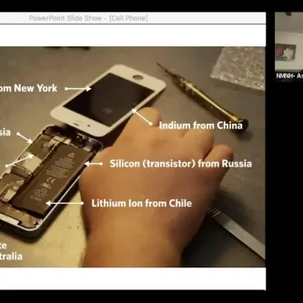Video frame of a cellphone with labels indicating where certain raw materials in the phone originated.