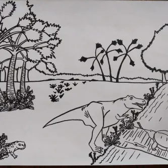 Black and white sketch of a landscape in rough shapes, with palm trees, ferns, a turtle, T rex, and salamander draw in more detail.