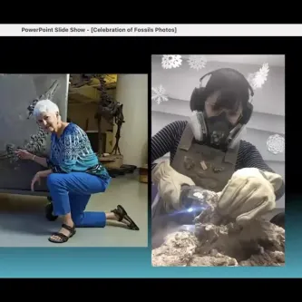 Screenshot of presentation slide showing fossil preparator Myria Perez alongside paleontologist Kay Behrensmeyer