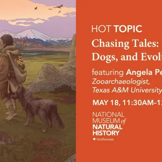 Hot Topic, Chasing Tales: Humans, Dogs, and Evolution, featuring Angela Perri, zooarchaeologist, Texas A&M University, May 18. Next to the text is an illustration of a person carrying a spear and a dog right behind them.