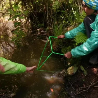 Two students placing a green biocube into the edge of pond.