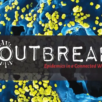 bright blue and yellow spots background with Outbreak in white 