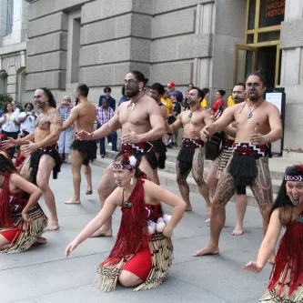  Māori haka performance outside on the front steps of NMNH 