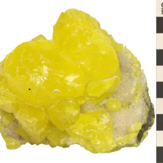 A rock with yellow and white crystals