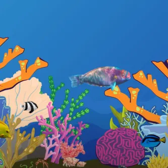 Illustration using graphics and photos to show a coral reef scene, with orange, green, blue, and white corals, as well as fish, all on a blue background