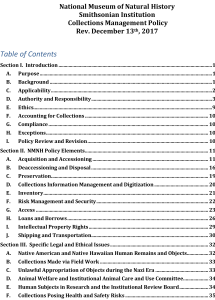 NMNH Collections Management Policy Table of Contents