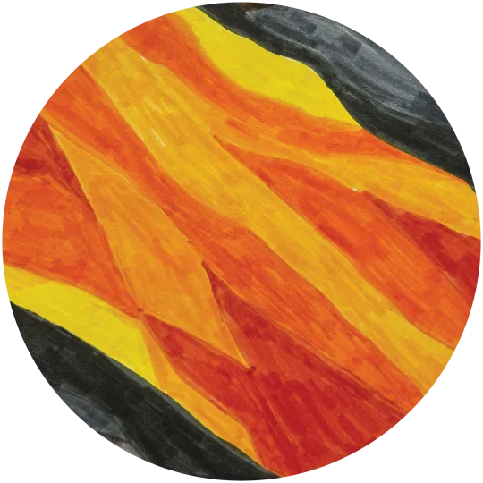 Abstract color illustration with a band of red, orange, and yellow going diagonally from top left to bottom right, in between two black triangles at top right and bottom left.	