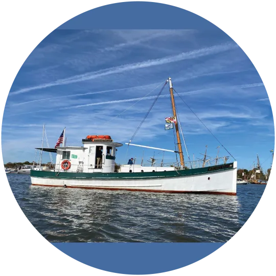 A low-slung, white and green Chesapeake Bay buyboat in the water. It has a cabin toward the rear and a single mast toward the front. The bow is about twice as high as the stern.