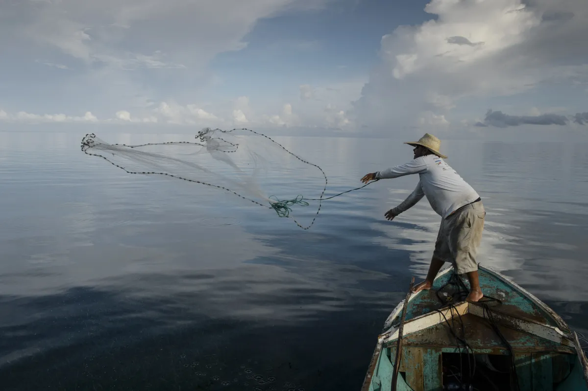 Fisherman casting a net from the bow of a row boat