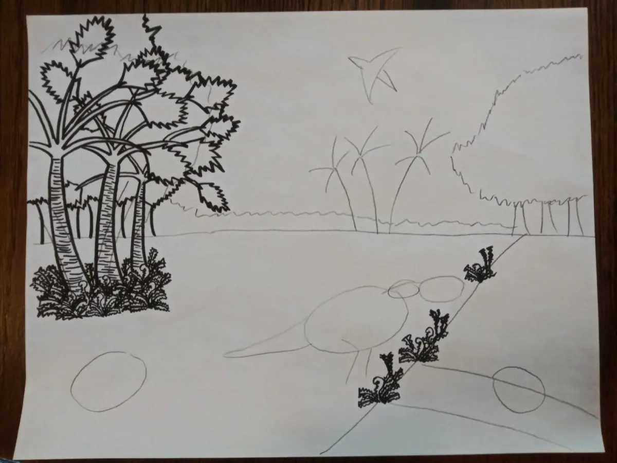 Black and white sketch of a landscape in rough shapes, with palm trees and ferns drawn in more detail.
