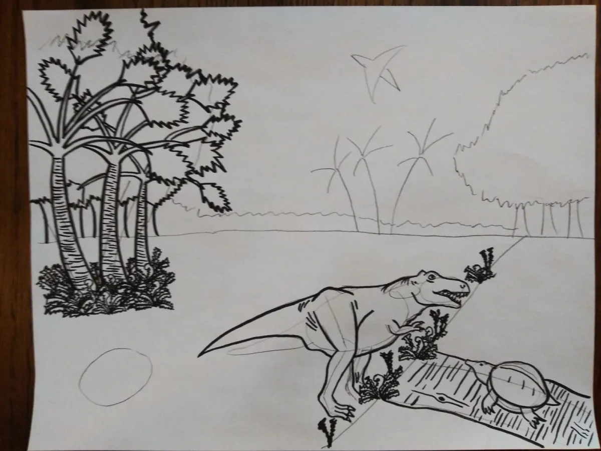 Black and white sketch of a landscape in rough shapes, with palm trees, ferns, a turtle, and a T. rex drawn in more detail.