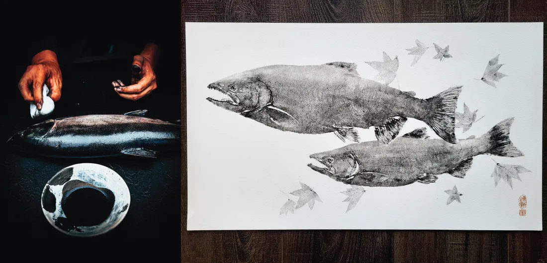 Montage of two images: A bowl of black ink, a fish on a table, and two hands, one holding a white cloth above the fish; and a black ink print of two fish and some leaves.