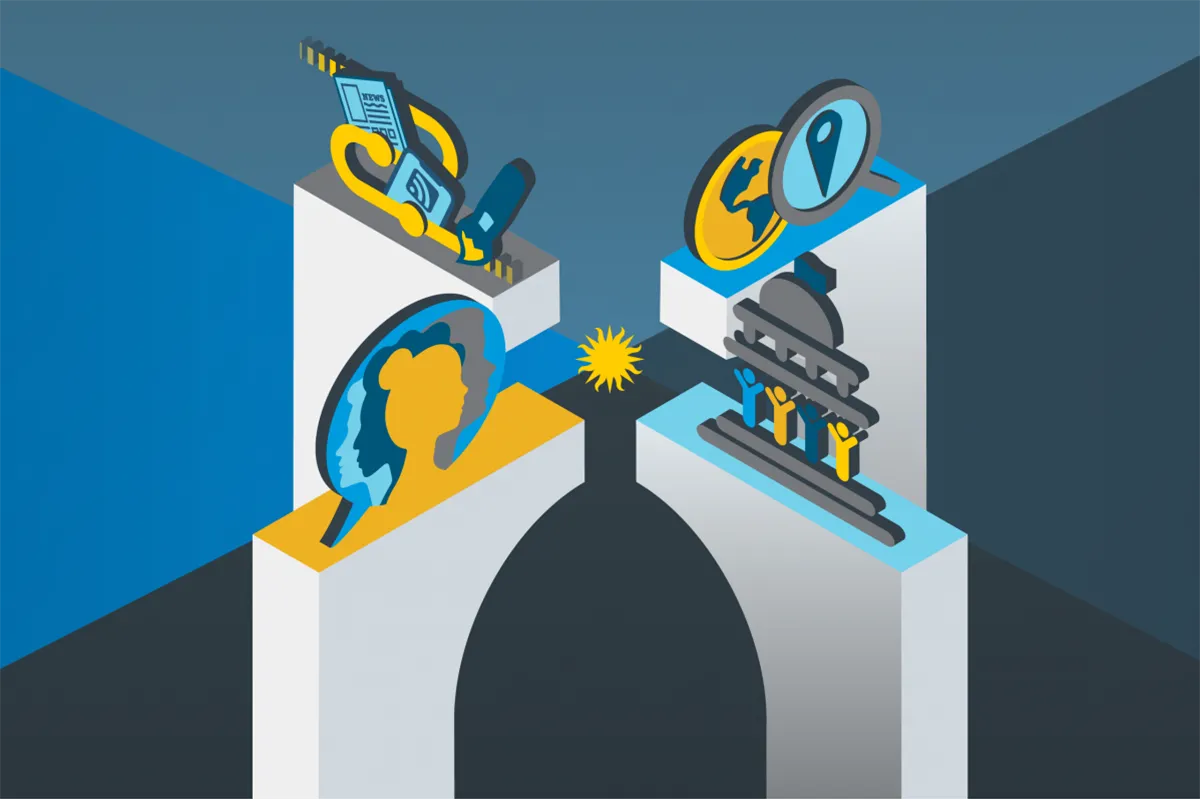 Graphic: Four isometric columns each with a blue, yellow, and grey icon representing conference session tracks. The Smithsonian sunburst logo is in the middle of the columns.