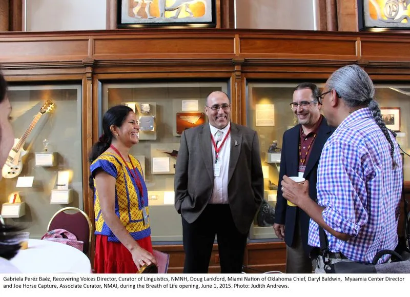 Gabriela Perez Baez, Doug Lanklord, Daryl Baldwin, and Joe Horse capture having a conversation.