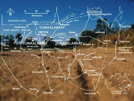 Drawn map of the Yuwaalaraay region