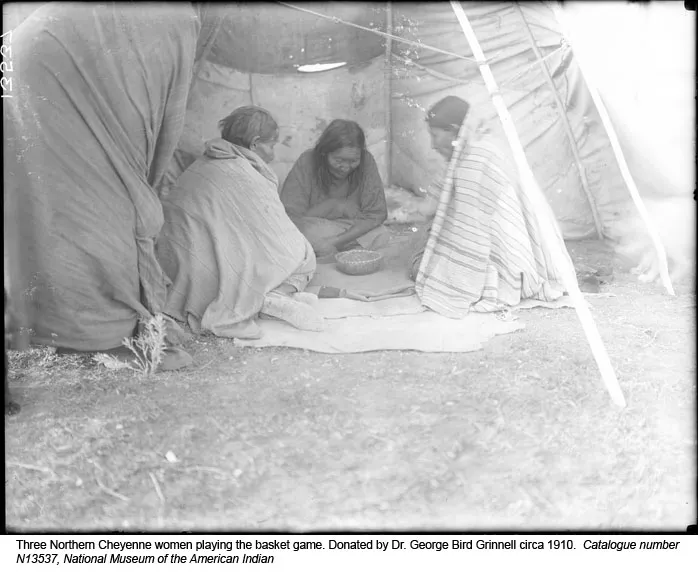 Three women wrapped in shawls huddled together under a shelter playing a game.