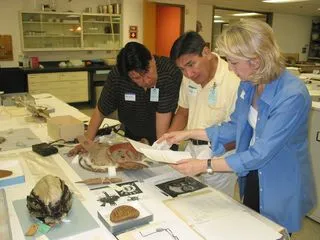 Three people examining objects on a table.