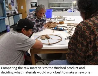 Wanapum tribal members examining fish ring net weights.