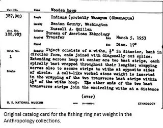 Original catalog card for the fishing ring net weight in the Anthropology collections.