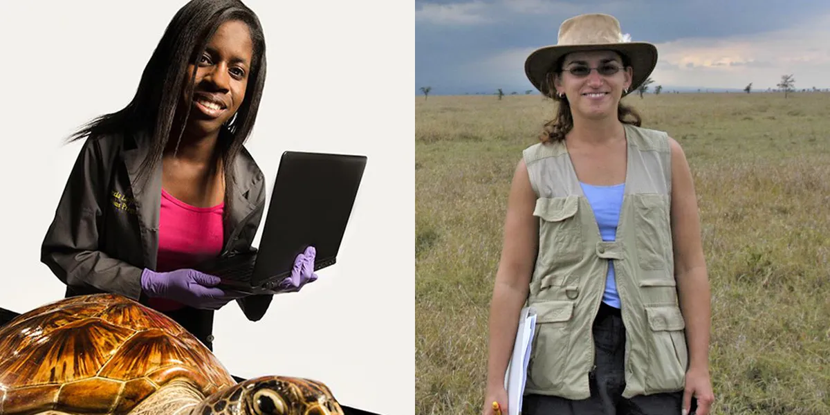 Montage of two images: Amanda Lawrence holding a laptop while standing behind a sea turtle specimen, and Briana Pobiner standing on a grassy plain with storm clouds behind her 