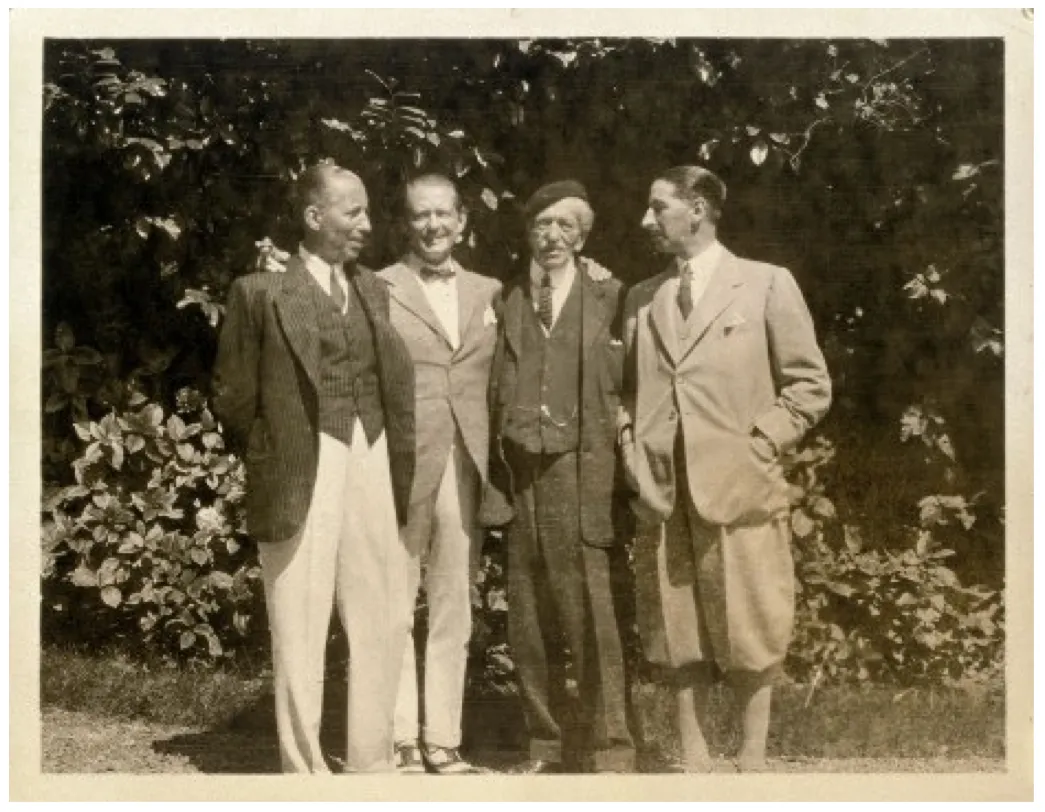 Sepia-tone image of four light-skinned men in suits in front of some plants