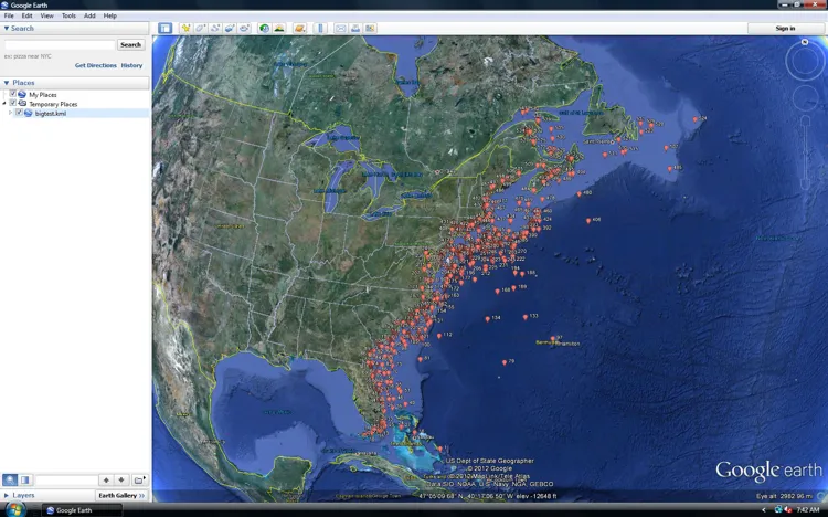 Map of United States with distribution of foraminifera sites