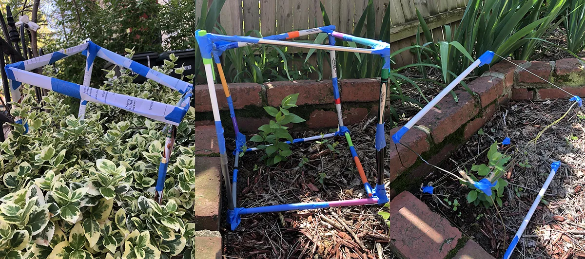 Three types of homemade biocubes placed in a yard -- one in a bed of plants, the other two over single plants.