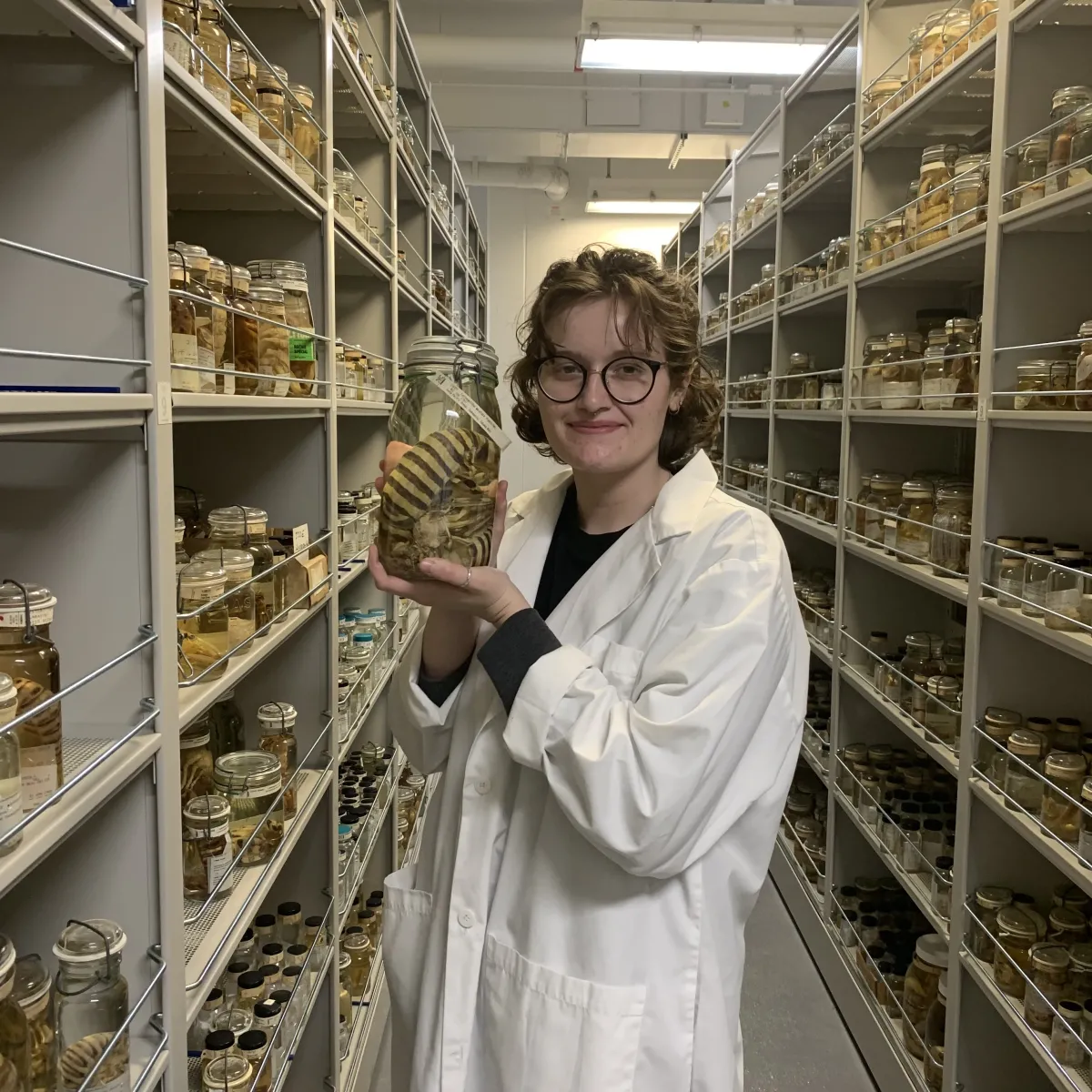 A person in a lab coat holding up a jarred mantis shrimp specimen