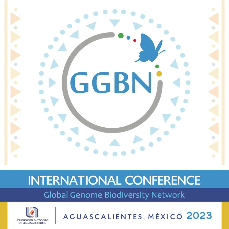 Concentric blue rings surround the text GGBN. A blue butterfly is flying towards the right. Text at the bottom says International Conference, Global Begnome Biodiversity Network, Aguascalientes Mexico 2023