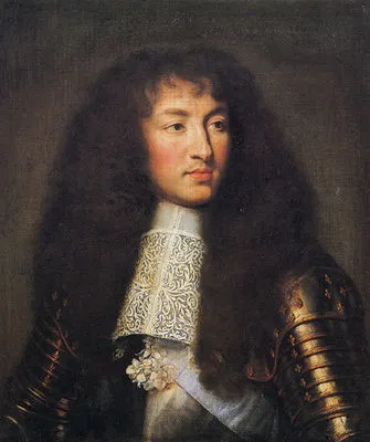 Portrait of Louis XIV in armor with long, dark hair