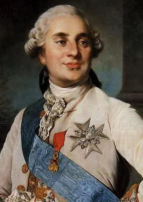Louis XVI in a powdered wig wearing a white shirt and sash with various medals