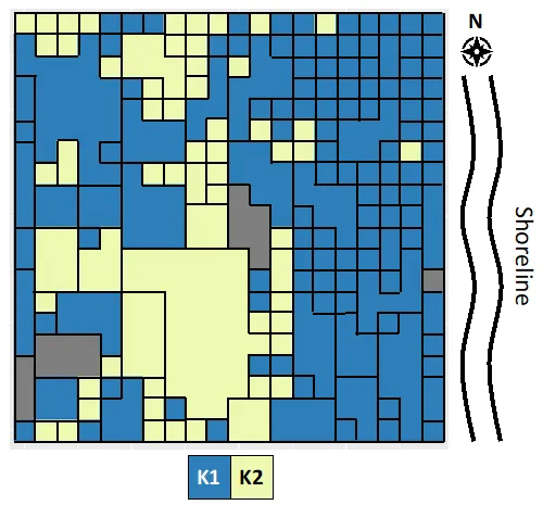 a blue-and-yellow grid of differently sized squares and rectangles