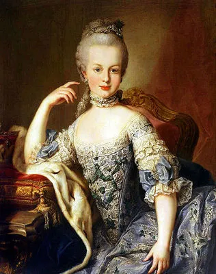 Marie Antoinette in a lace-trimmed gown sitting with her elbow on a pillow