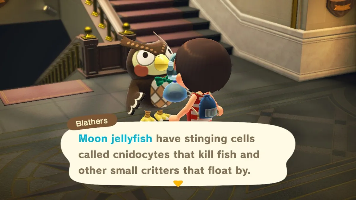 Video game character giving facts about the moon jellyfish