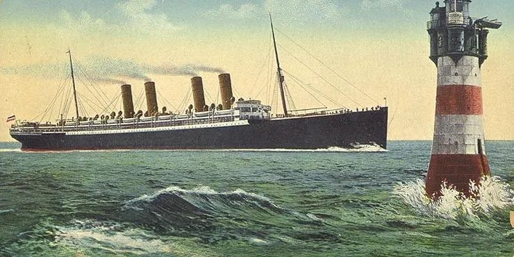 An ocean liner with four smokestacks travels on a green-blue ocean