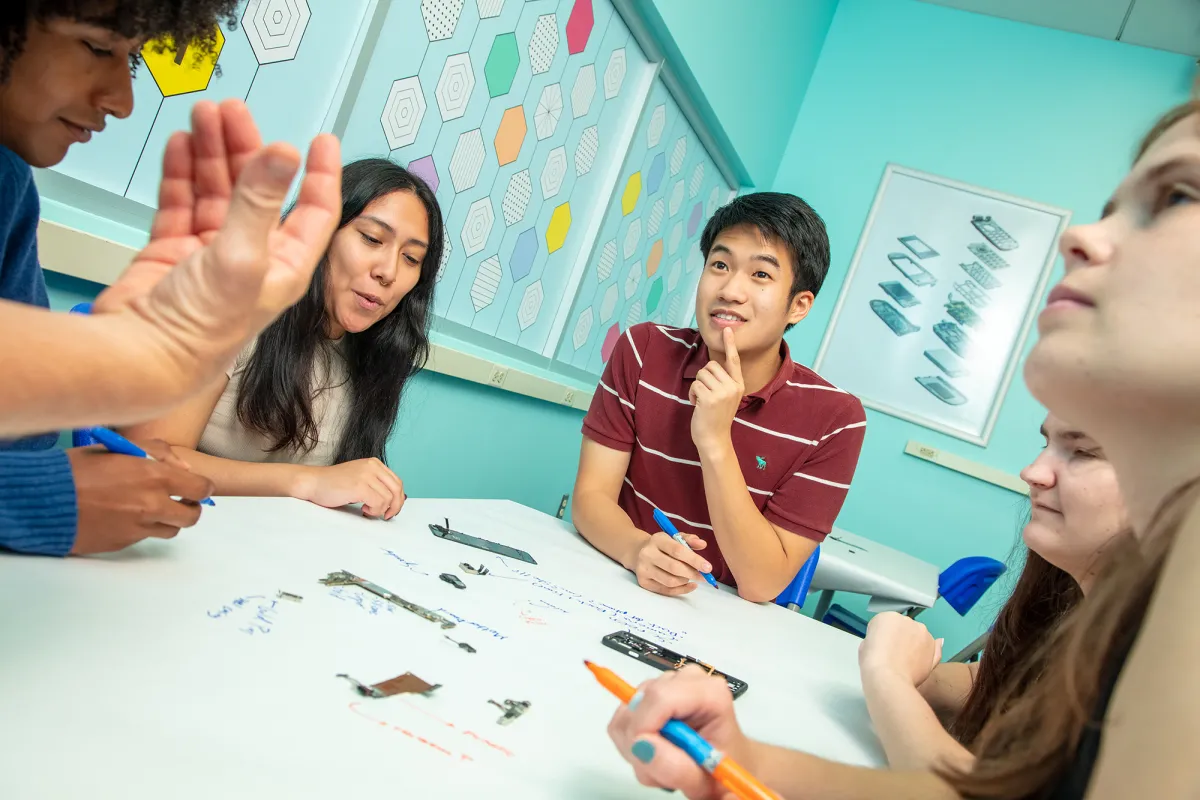 Five teenagers sitting around a table that is covered with paper. Some of the teens are holding magic markers. A disassembled cellphone is on the table and there is writing on the paper near the cellphone parts.