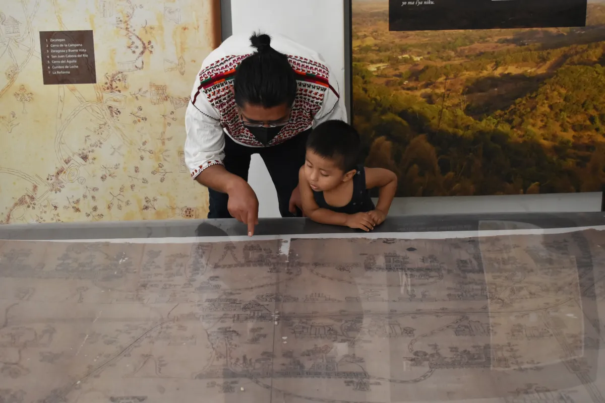 An adult and a small child look closely at an illustrated artifact inside a museum