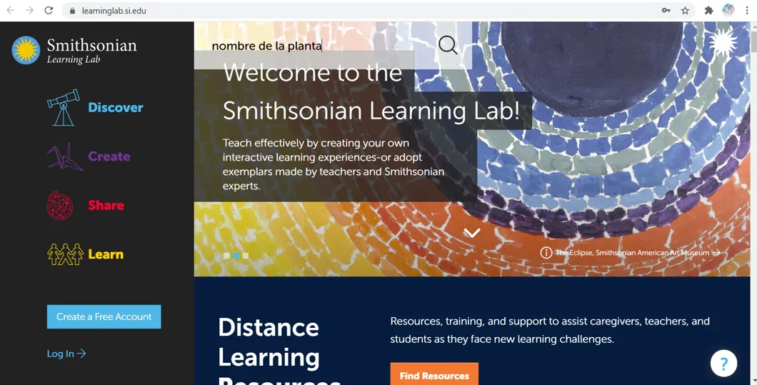 Image of a screenshot of the Smithsonian Learning Lab web homepage