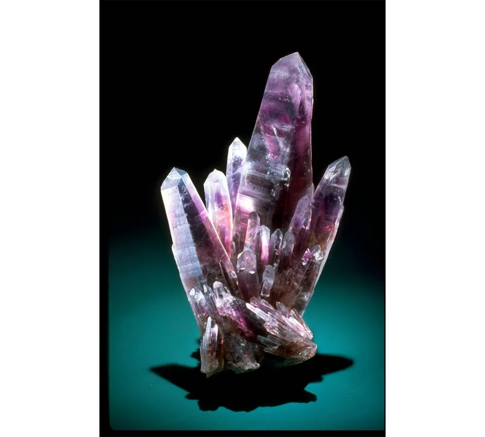 A specimen containing about six pencil-shaped, large mineral crystals, mostly purple in color.