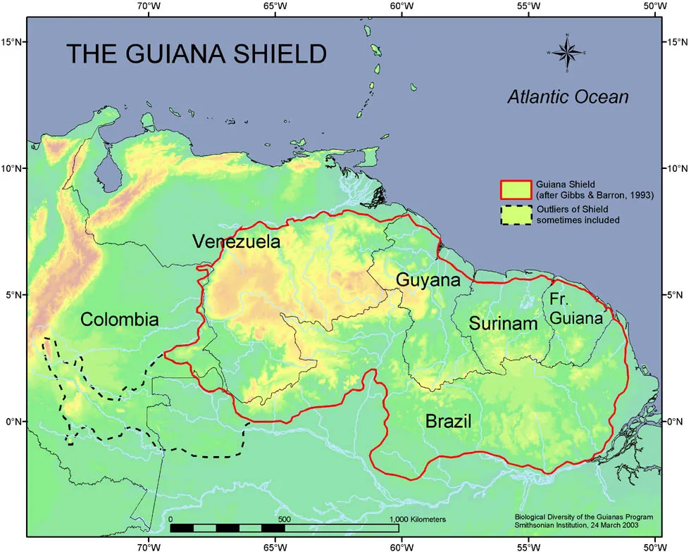 map of the boundaries of the Guiana Shield