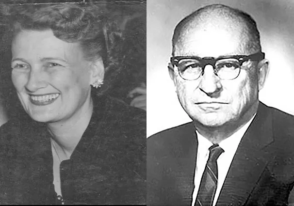 black and white, headshot portraits of a woman and a man side by side