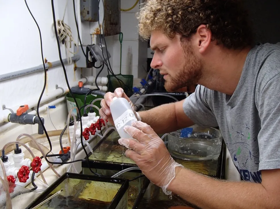 a young man with curly hair and a short beard inspects a plastic bottle in a lab space