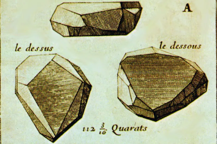 An sepia illustration of three views of a large diamond
