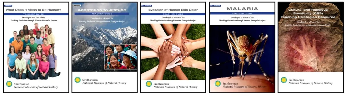 Covers of the curriculum units and CRS strategies resources developed by Briana Pobiner’s Teaching Evolution through Human Examples project