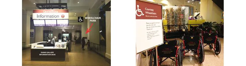 One image showing the information desk on the Ground Floor, with an arrow pointing to the wheelchair park. A second image shows the wheelchairs.