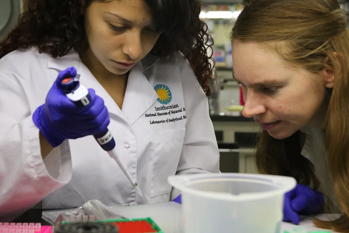 Two young women in a lab, one is holding a pipette. 